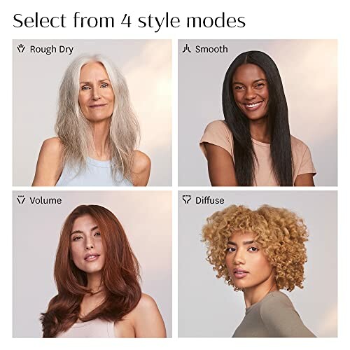 Four women showcasing different hair styling modes: Rough Dry, Smooth, Volume, and Diffuse.